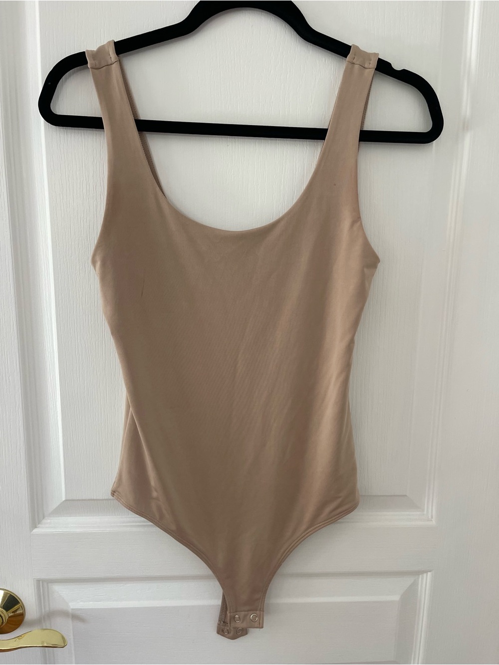 Express Body Contour Scoop Neck Bodysuit in Beige